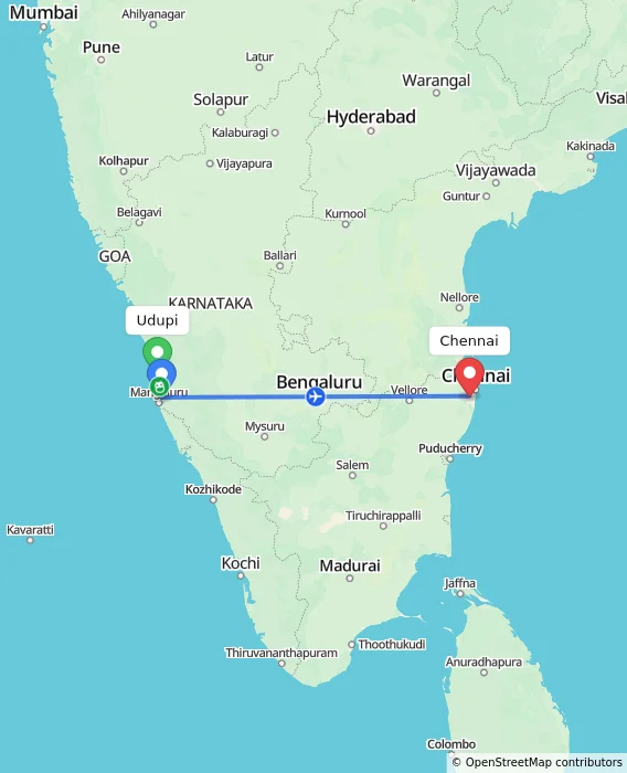 Route map showing distance and travel time from Udupi, India to Chennai, India