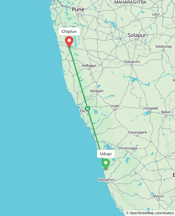 Route map showing distance and travel time from Udupi, India to Chiplun, India