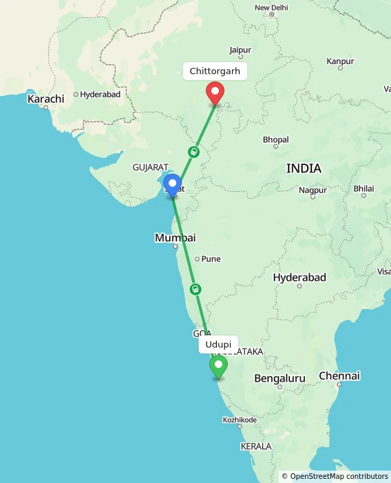 Route map showing distance and travel time from Udupi, India to Chittorgarh, India