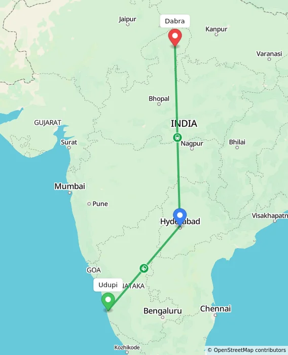 Route map showing distance and travel time from Udupi, India to Dabra, India