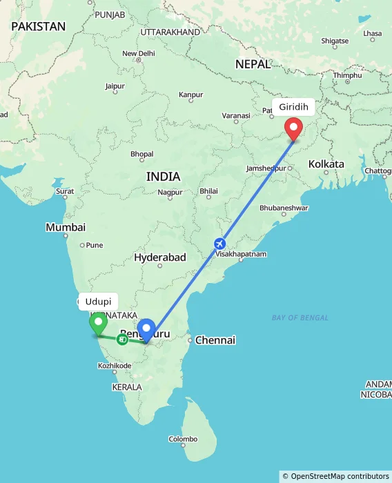 Route map showing distance and travel time from Udupi, India to Giridih, India