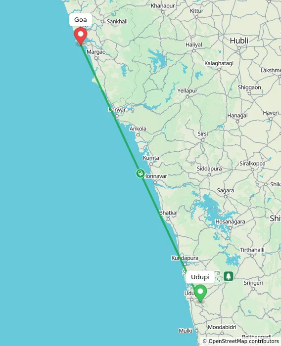 Route map showing distance and travel time from Udupi, India to Goa, India