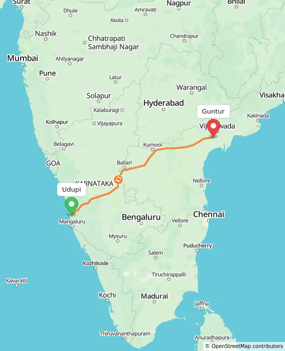 Route map showing distance and travel time from Udupi, India to Guntur, India