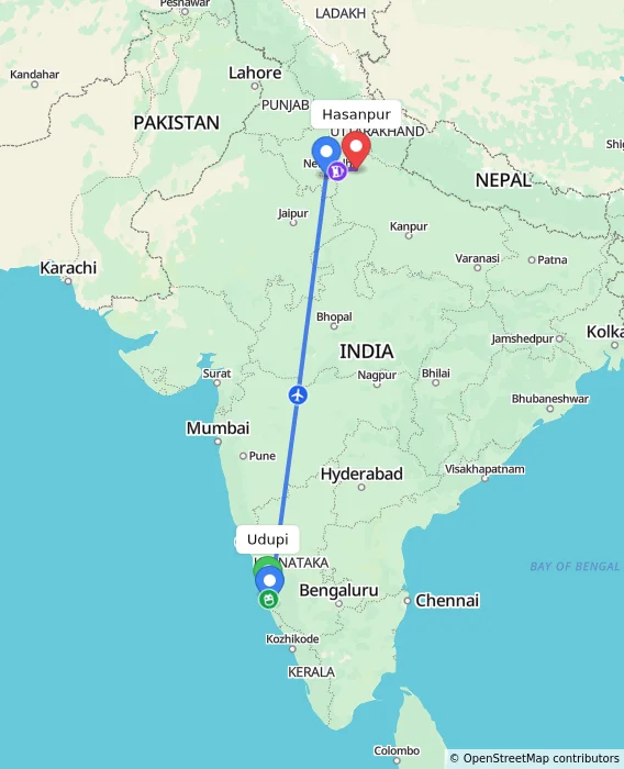 Route map showing distance and travel time from Udupi, India to Hasanpur, India