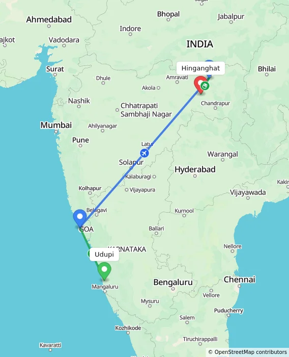 Route map showing distance and travel time from Udupi, India to Hinganghat, India