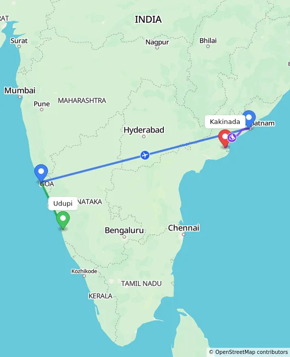 Route map showing distance and travel time from Udupi, India to Kakinada, India