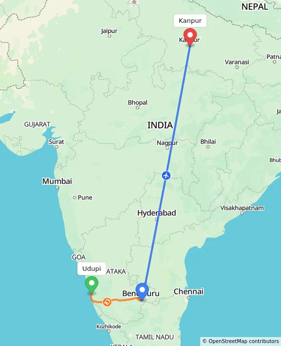 Route map showing distance and travel time from Udupi, India to Kanpur, India