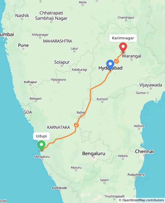 Route map showing distance and travel time from Udupi, India to Karimnagar, India