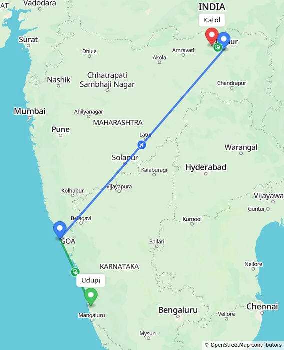 Route map showing distance and travel time from Udupi, India to Katol, India