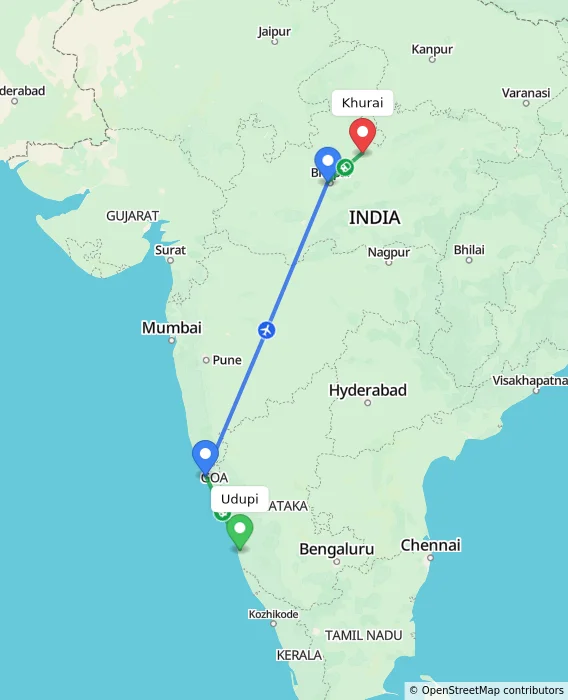 Route map showing distance and travel time from Udupi, India to Khurai, India