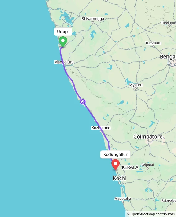 Route map showing distance and travel time from Udupi, India to Kodungallur, India