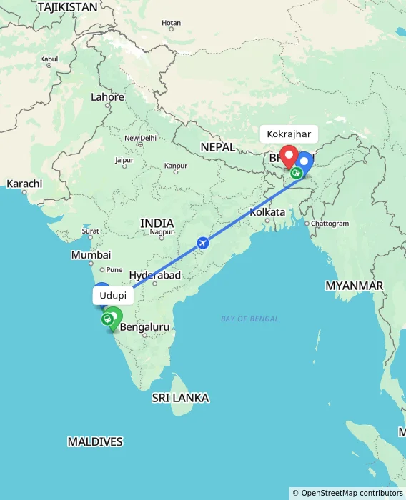 Route map showing distance and travel time from Udupi, India to Kokrajhar, India
