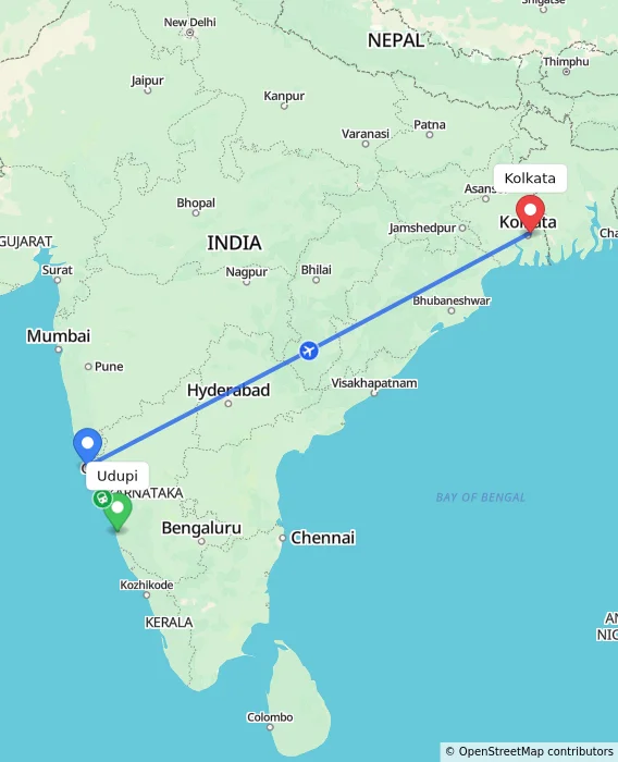 Route map showing distance and travel time from Udupi, India to Kolkata, India