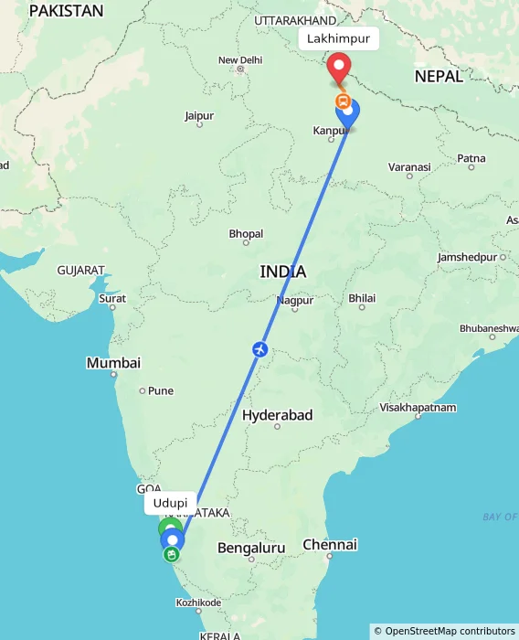 Route map showing distance and travel time from Udupi, India to Lakhimpur, India