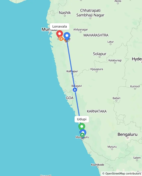 Route map showing distance and travel time from Udupi, India to Lonavala, India