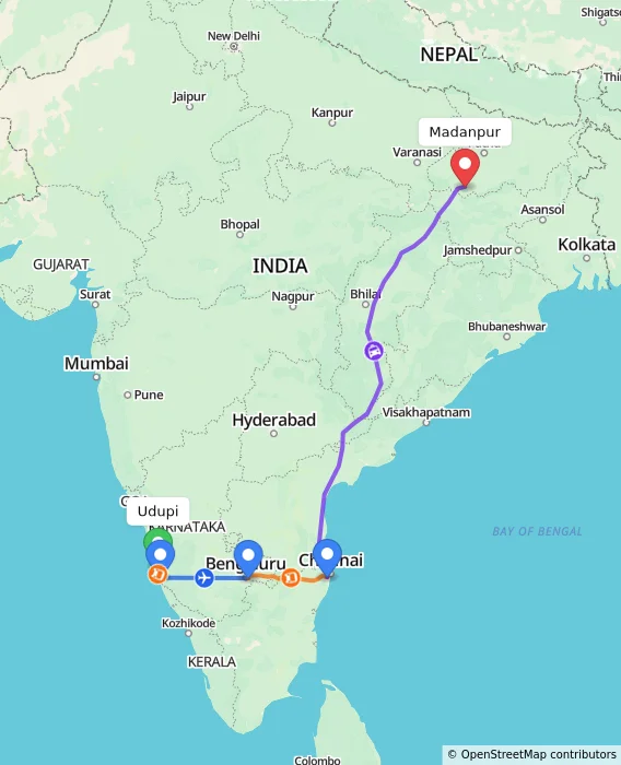 Route map showing distance and travel time from Udupi, India to Madanpur, India