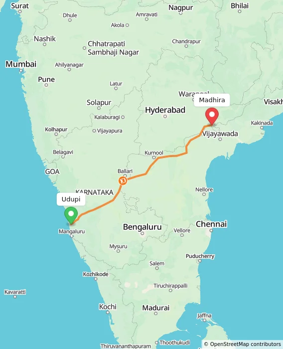 Route map showing distance and travel time from Udupi, India to Madhira, India