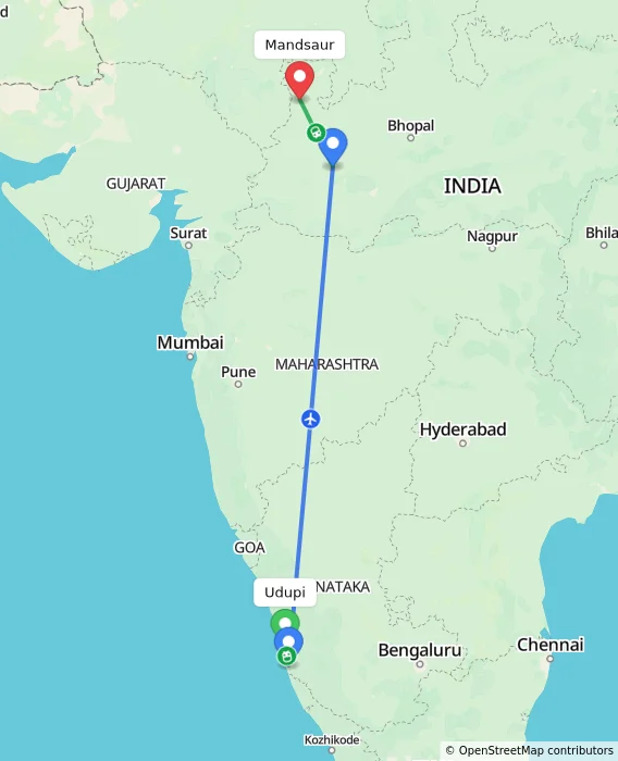 Route map showing distance and travel time from Udupi, India to Mandsaur, India