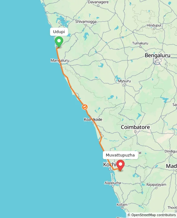 Route map showing distance and travel time from Udupi, India to Muvattupuzha, India