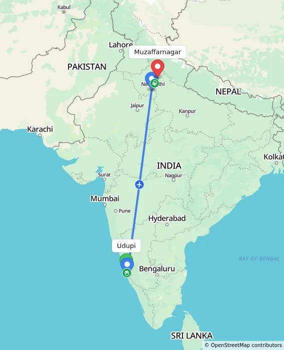 Route map showing distance and travel time from Udupi, India to Muzaffarnagar, India