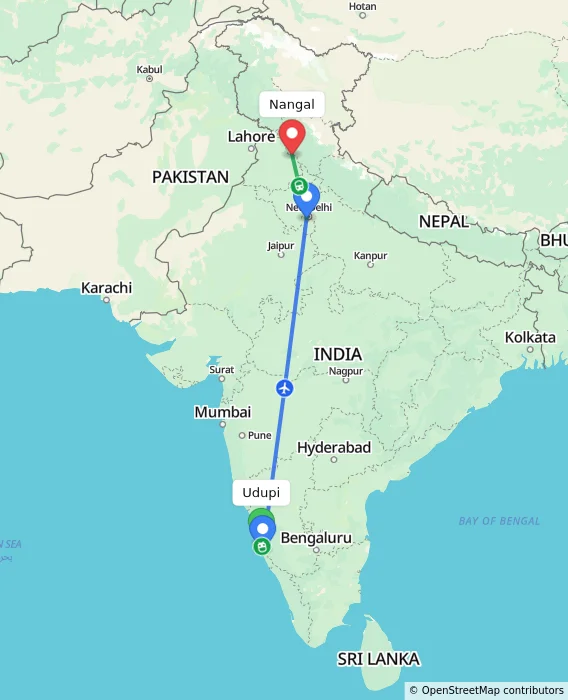 Route map showing distance and travel time from Udupi, India to Nangal, India