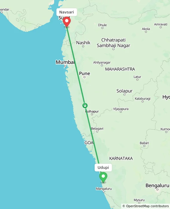 Route map showing distance and travel time from Udupi, India to Navsari, India