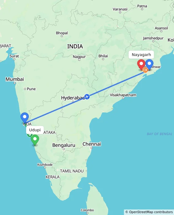 Route map showing distance and travel time from Udupi, India to Nayagarh, India