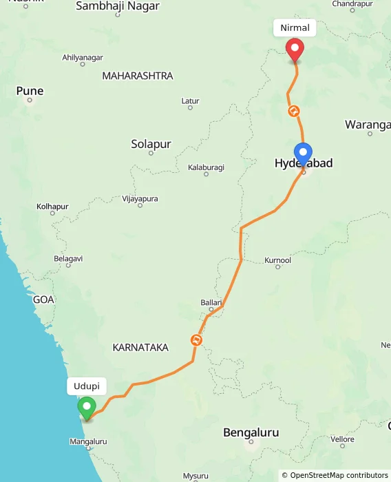 Route map showing distance and travel time from Udupi, India to Nirmal, India