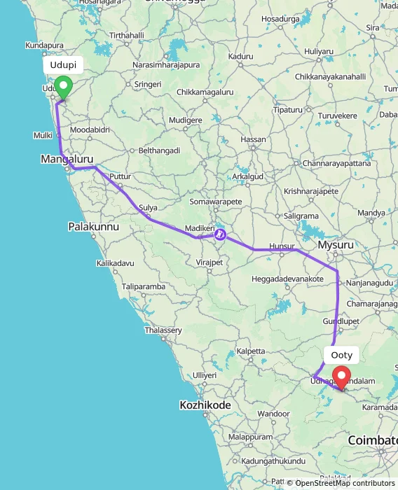 Route map showing distance and travel time from Udupi, India to Ooty, India