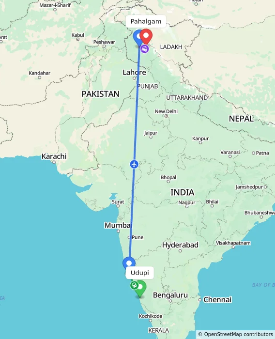Route map showing distance and travel time from Udupi, India to Pahalgam, India