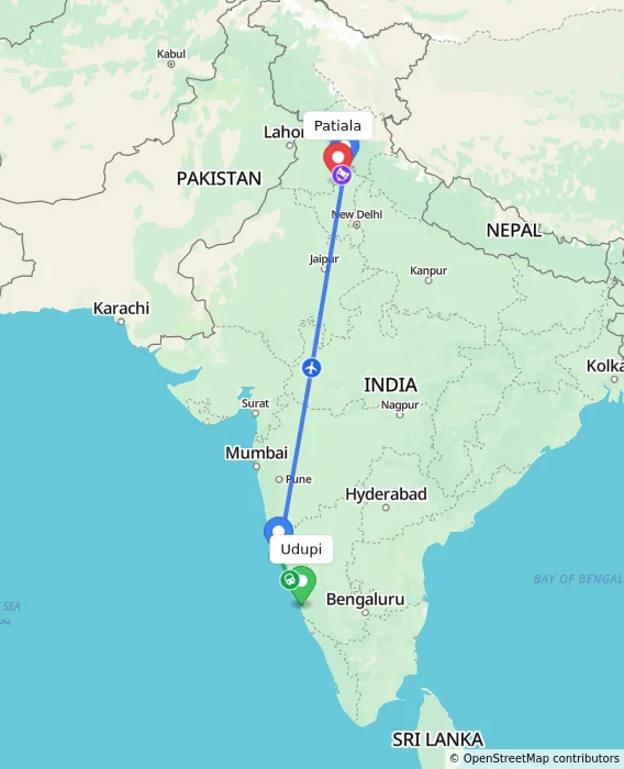 Route map showing distance and travel time from Udupi, India to Patiala, India