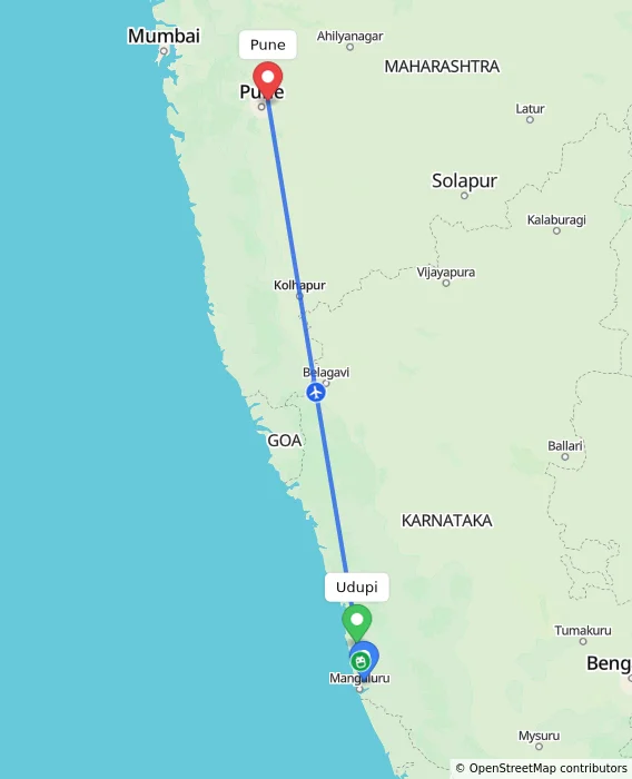 Route map showing distance and travel time from Udupi, India to Pune, India