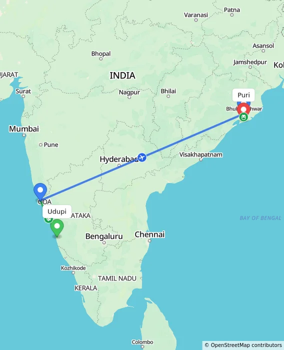 Route map showing distance and travel time from Udupi, India to Puri, India