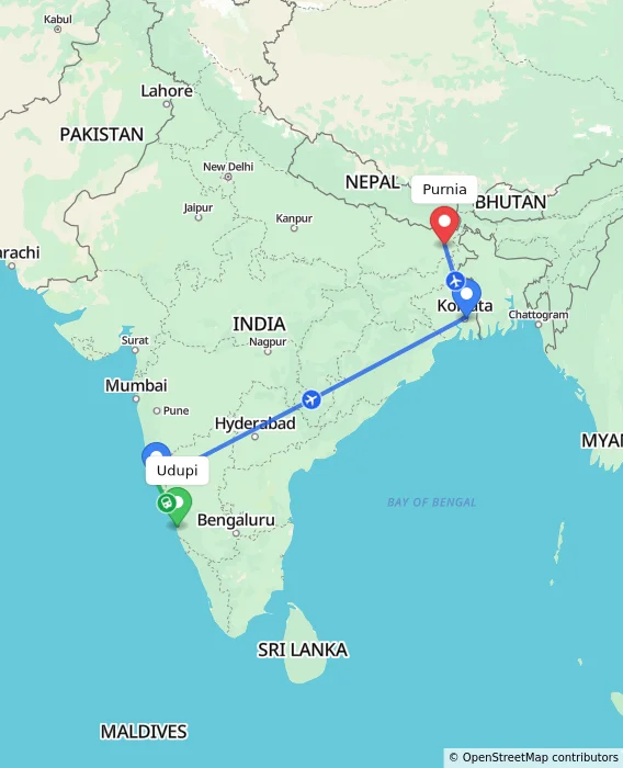 Route map showing distance and travel time from Udupi, India to Purnia, India