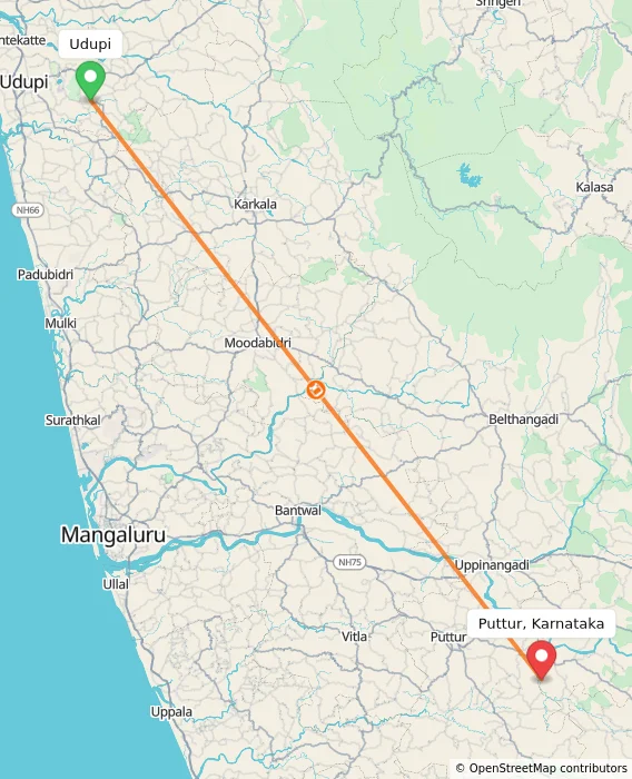 Route map showing distance and travel time from Udupi, India to Puttur, Karnataka, India