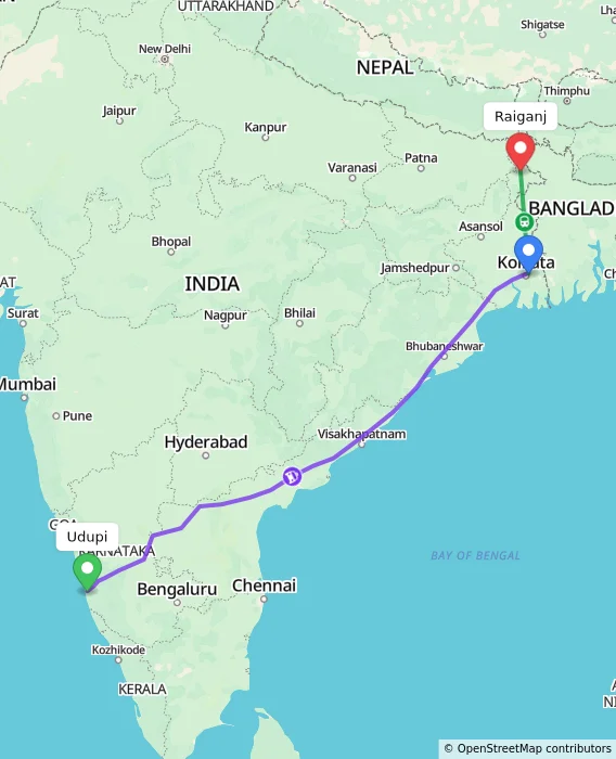 Route map showing distance and travel time from Udupi, India to Raiganj, India