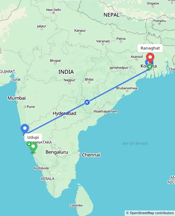 Route map showing distance and travel time from Udupi, India to Ranaghat, India