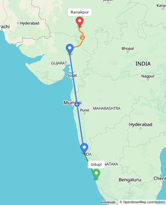 Route map showing distance and travel time from Udupi, India to Ranakpur, India