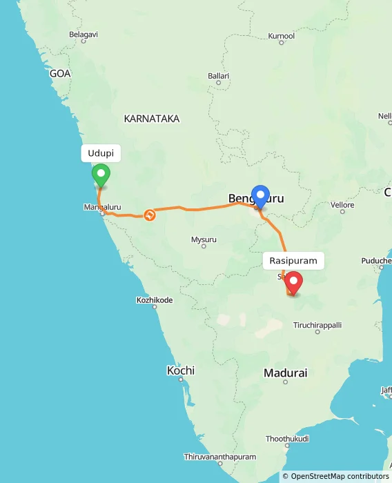 Route map showing distance and travel time from Udupi, India to Rasipuram, India