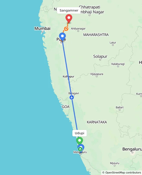 Route map showing distance and travel time from Udupi, India to Sangamner, India