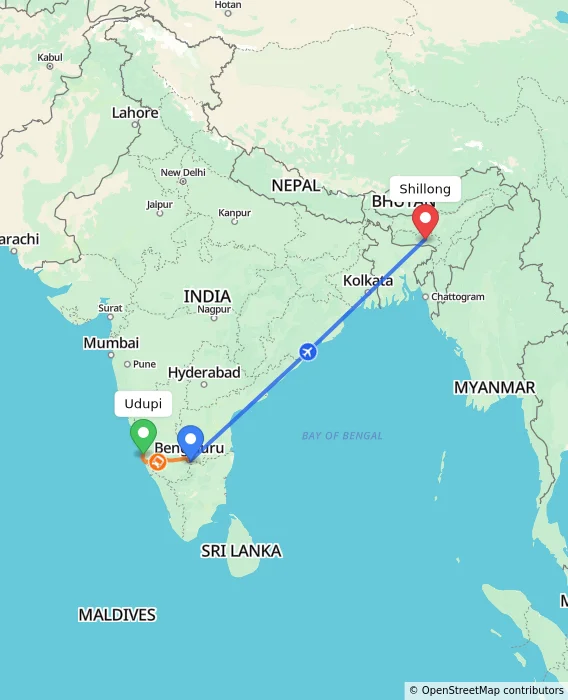 Route map showing distance and travel time from Udupi, India to Shillong, India