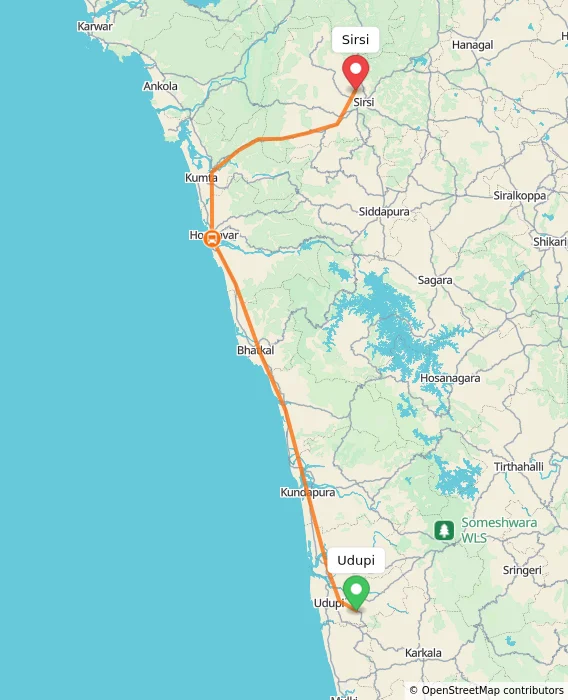 Route map showing distance and travel time from Udupi, India to Sirsi, India