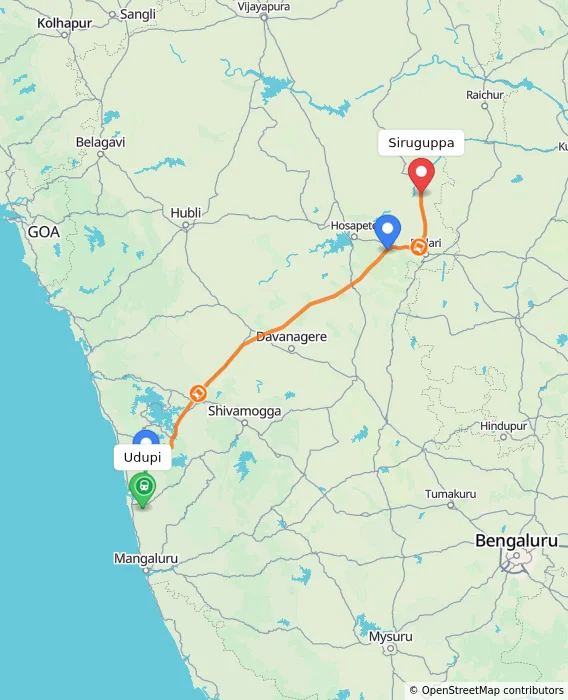 Route map showing distance and travel time from Udupi, India to Siruguppa, India