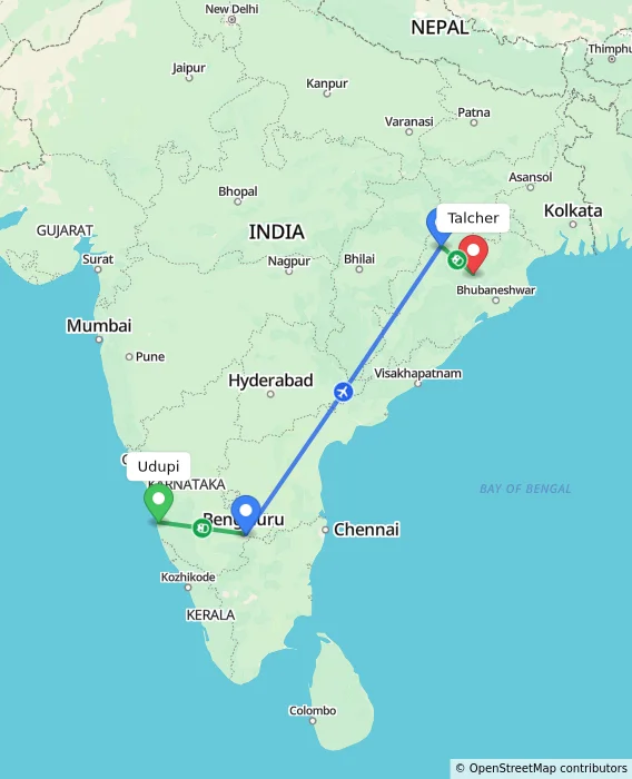 Route map showing distance and travel time from Udupi, India to Talcher, India