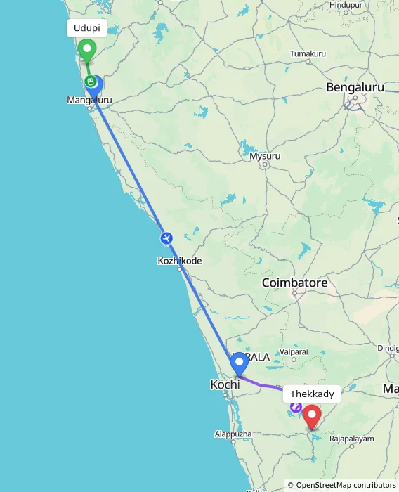 Route map showing distance and travel time from Udupi, India to Thekkady, India