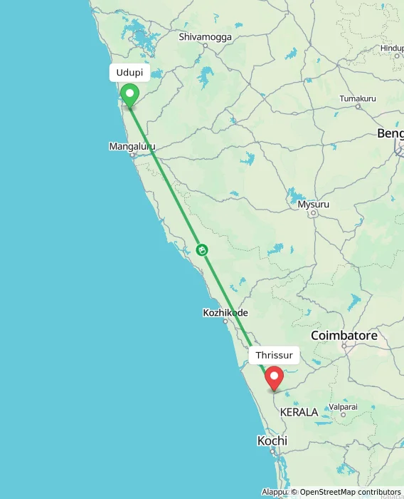 Route map showing distance and travel time from Udupi, India to Thrissur, India