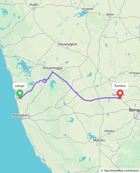 Route map showing distance and travel time from Udupi, India to Tumkur, India
