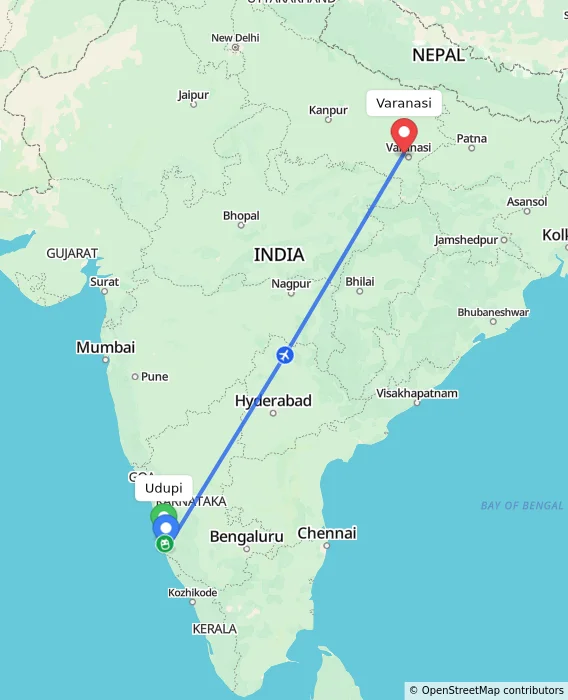 Route map showing distance and travel time from Udupi, India to Varanasi, India