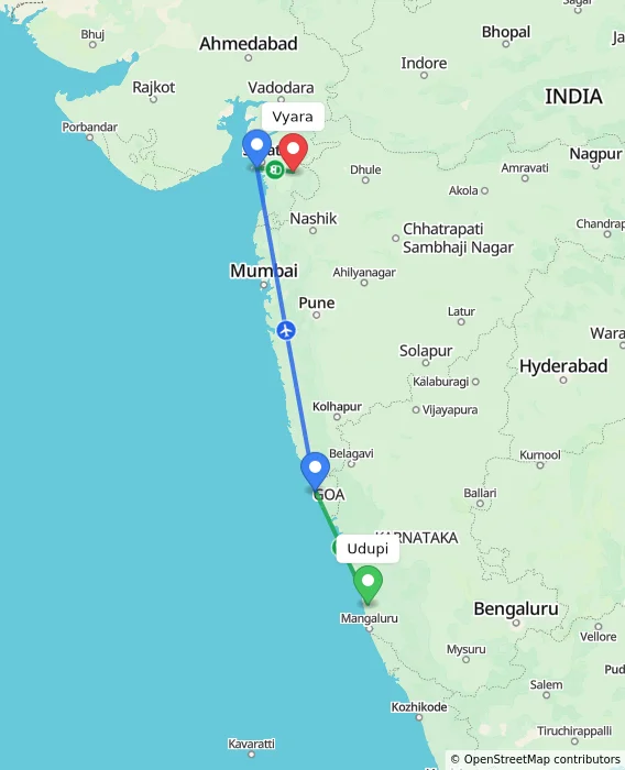 Route map showing distance and travel time from Udupi, India to Vyara, India