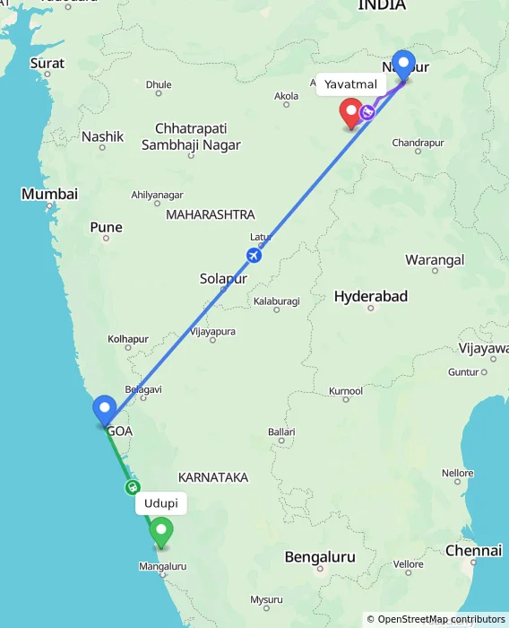 Route map showing distance and travel time from Udupi, India to Yavatmal, India
